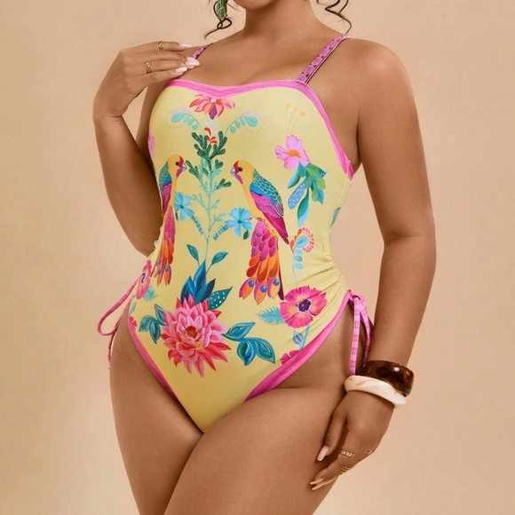 Plus Colorful Floral Animal Print Side Tie Monokini One Piece Swimsuit - Picture 2 of 8